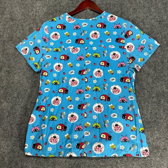 ScrubStar Scrub Top Size Small Short Sleeve Pockets V Neck Ladybug Love Bug Blue - Picture 6 of 7